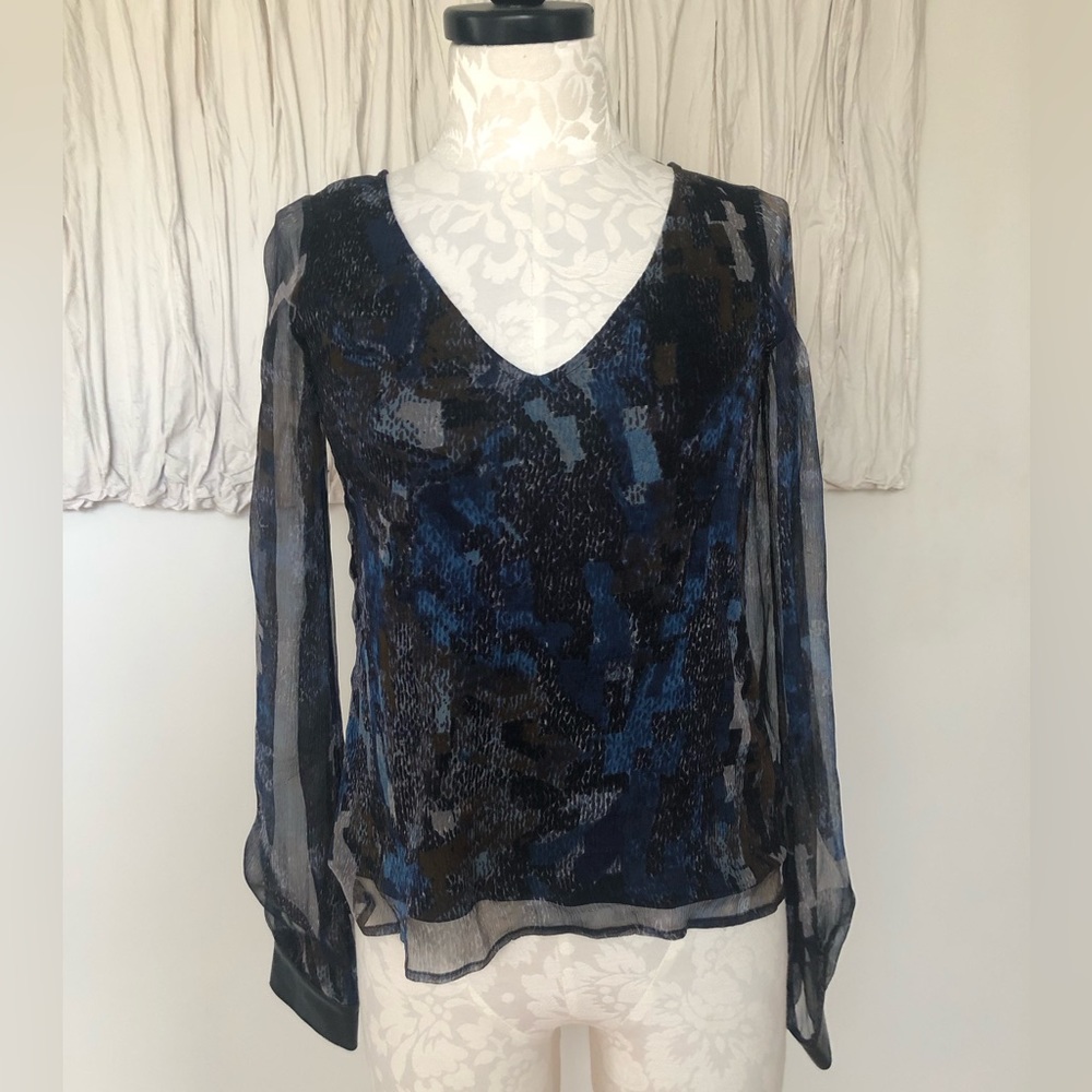 For Love & Lemons blue geometric silk top with sheer sleeves 💠